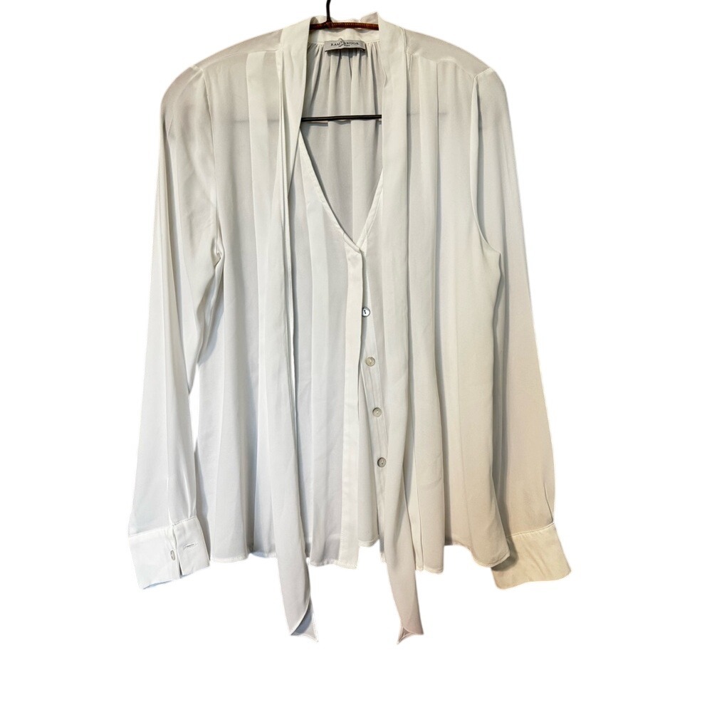 Ramy Brook Claire V Neck Tie Neck Blouse Button Top White Medium - Picture 3 of 8